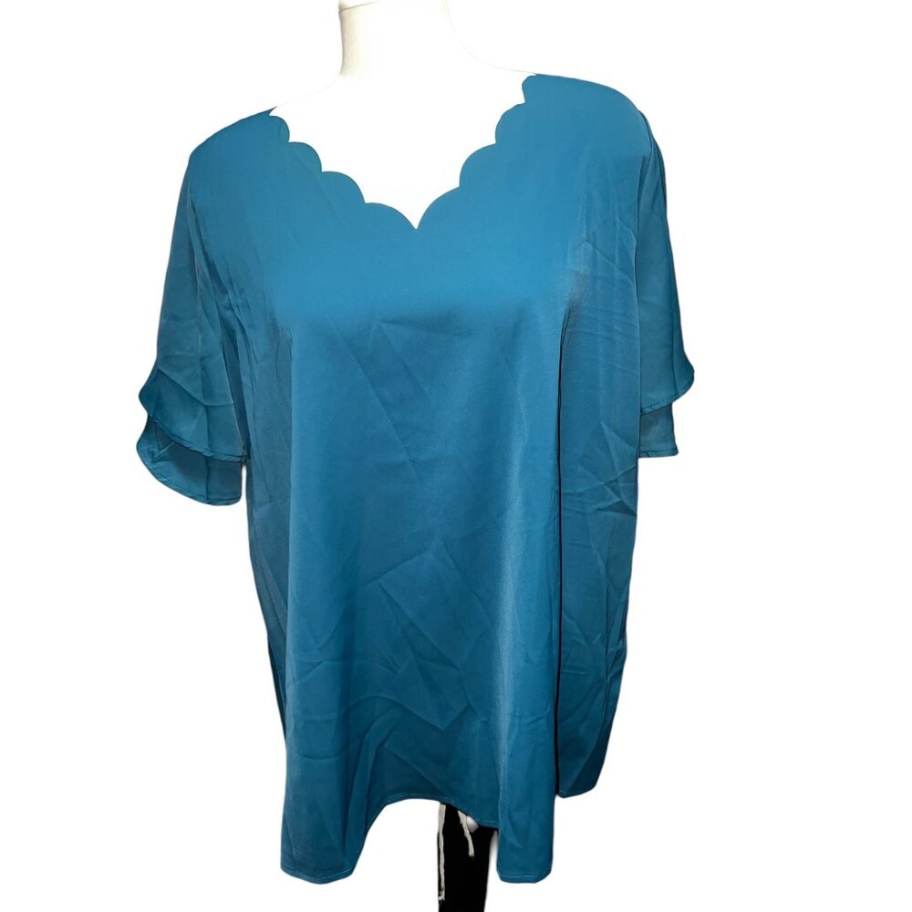 BloomChic Scallop Neck Double Tier Bell Sleeve Blouse Sz 12 (Large) Womens Teal